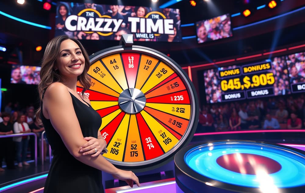 Crazy Time live-hjul med vert og studio, bonusmultiplikatorer på skjermen.