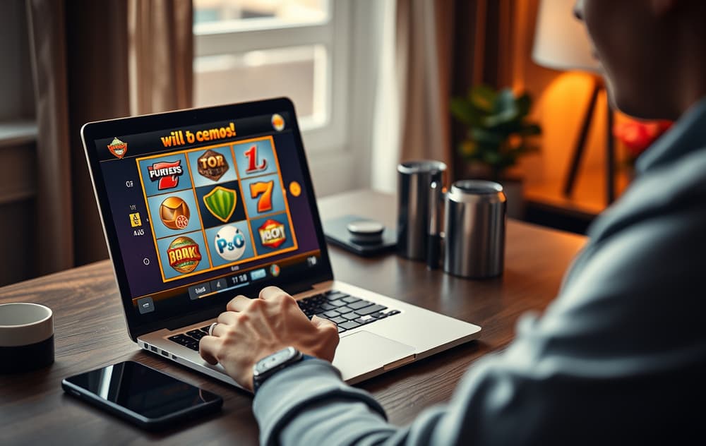 En person som spiller en gratis spilleautomat på en bærbar PC ved et koselig skrivebord