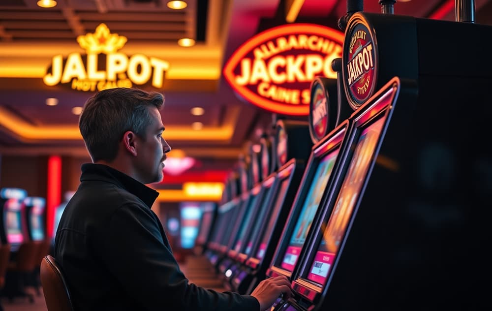 En person spiller på en spilleautomat med et opplyst jackpot-skilt i bakgrunnen.