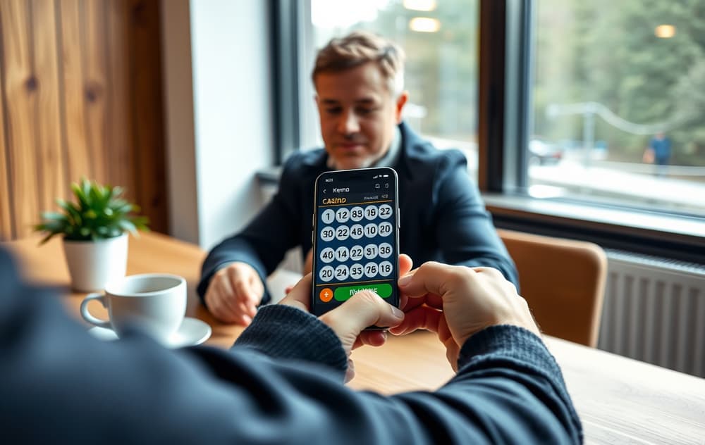 Norsk spiller med mobiltelefon som viser Keno-tall på et casino-spill, kaffekopp og plante på bordet, fotorealistisk stil