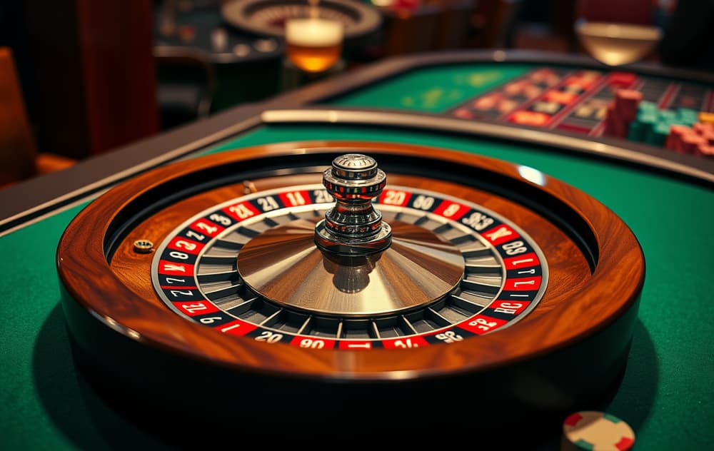 Rulett hjul med ball i bevegelse på grønt bord, casino-stemning.